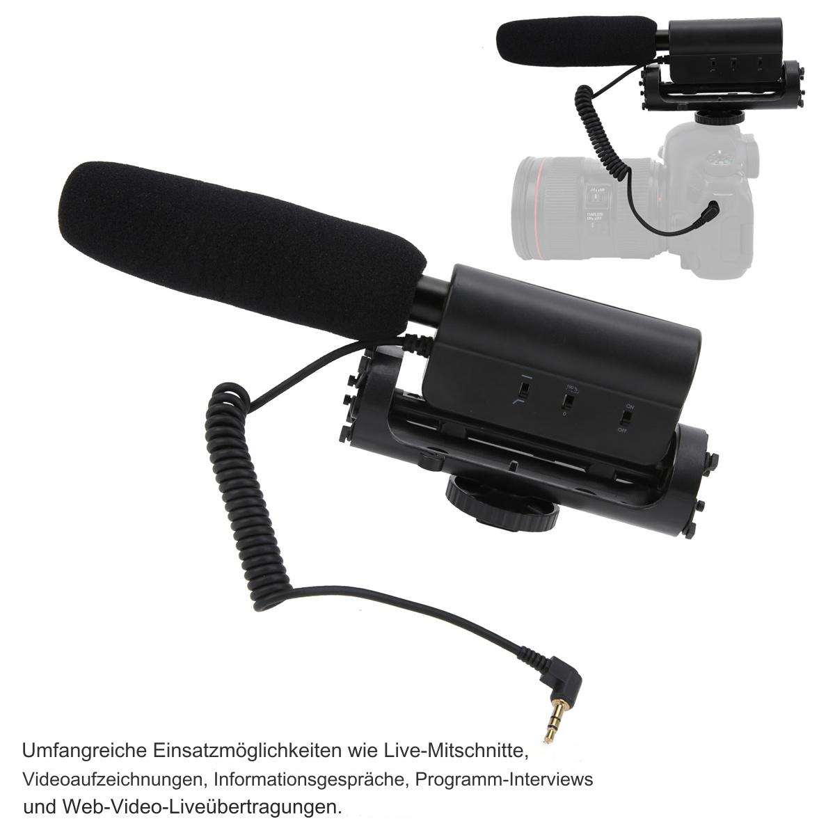 Mikrofon-Setup mit Kamera und Kabel. Schwarz und Silber, mit Text zur Beschreibung der Verwendung.