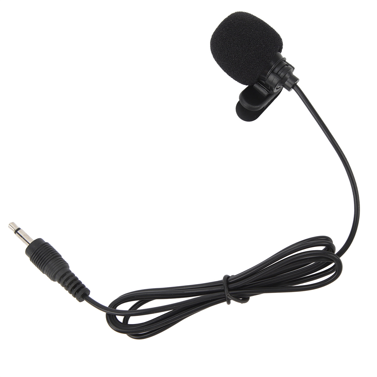 Ein schwarzes Mikrofon mit Clip und Kabel, verbunden mit einem schwarzen Stecker.