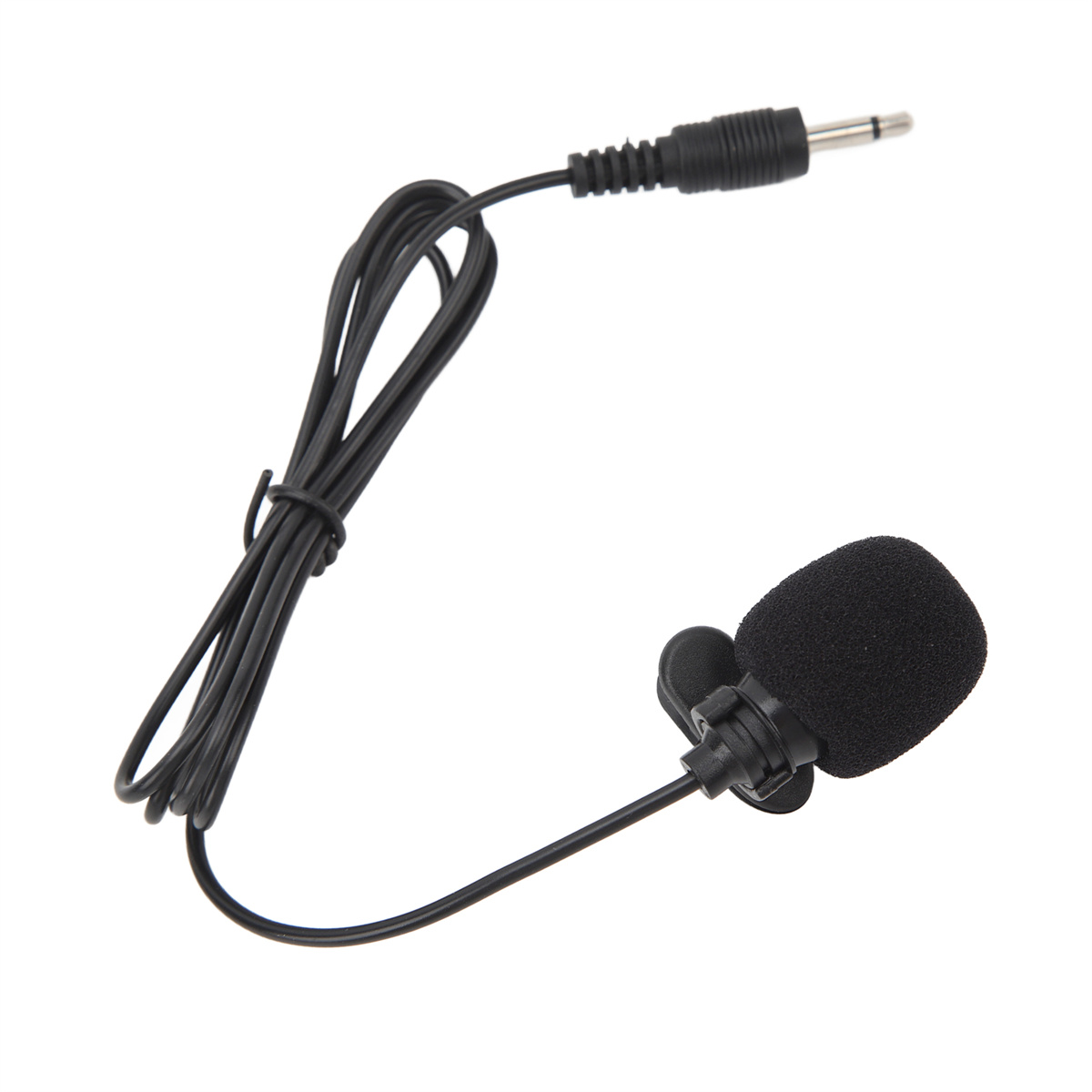 Ein kleines schwarzes Ansteckmikrofon mit Schaumstoffabdeckung, an Kabel und Klinkenstecker befestigt.