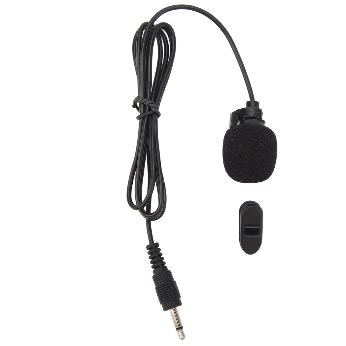 Schwarzes Mikrofon mit Kabel und Clip. Weißer Hintergrund.