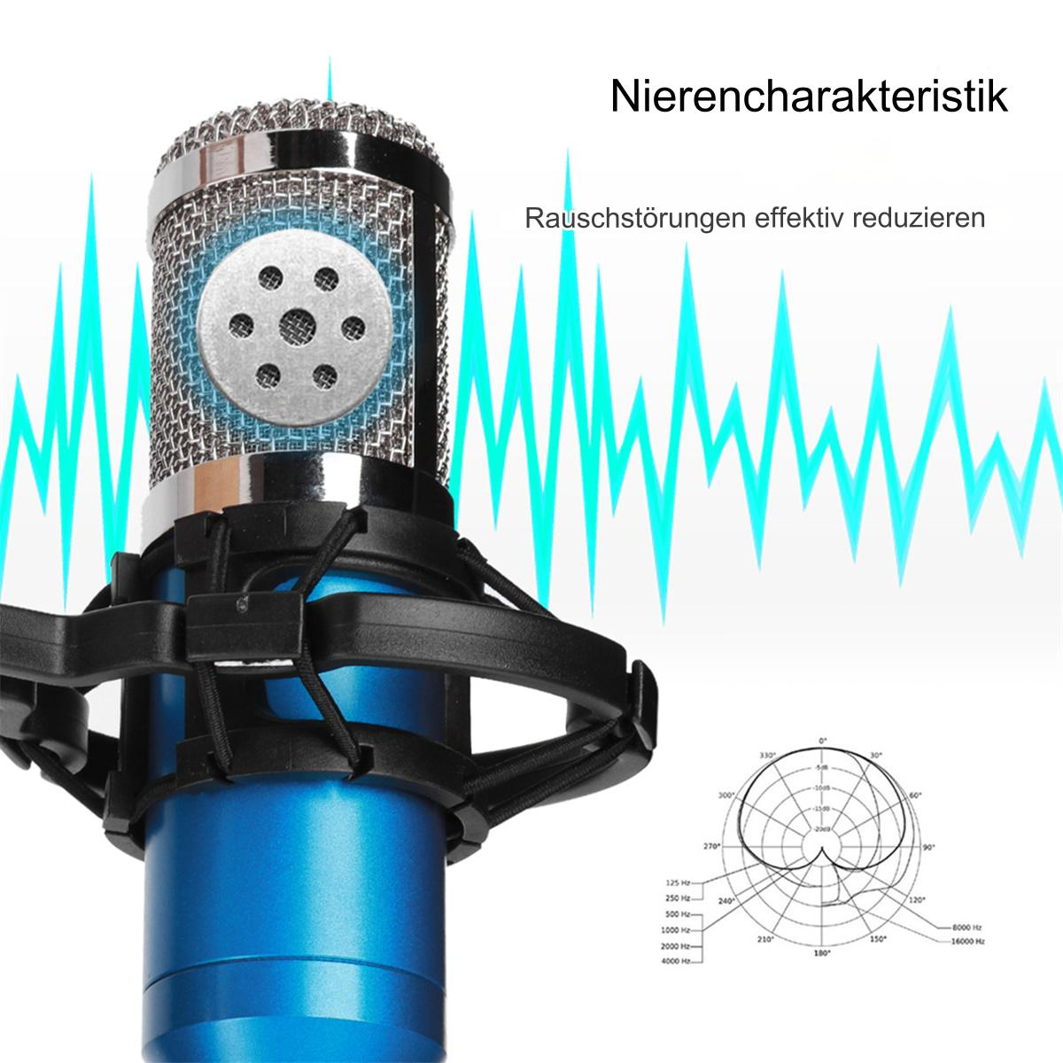 Blaues Mikrofon mit silbernem Mesh-Kopf, auf einem Ständer. Grafik der Schallwelle.