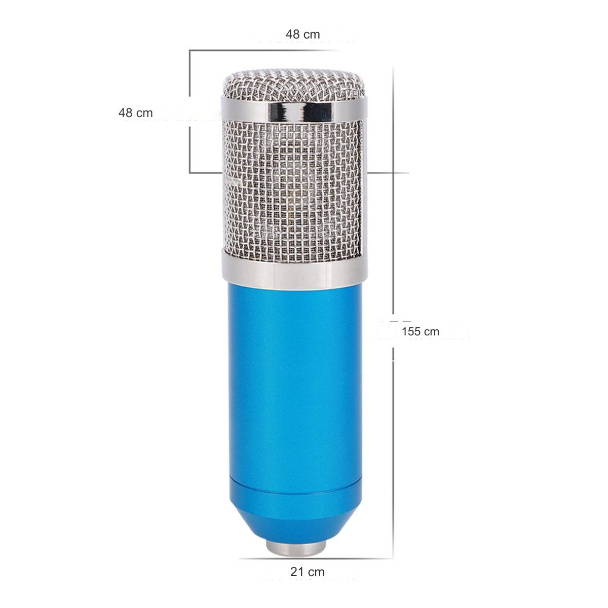 Blaues Studiomikrofon mit silbernem Mesh-Top, Abmessungen gezeigt.