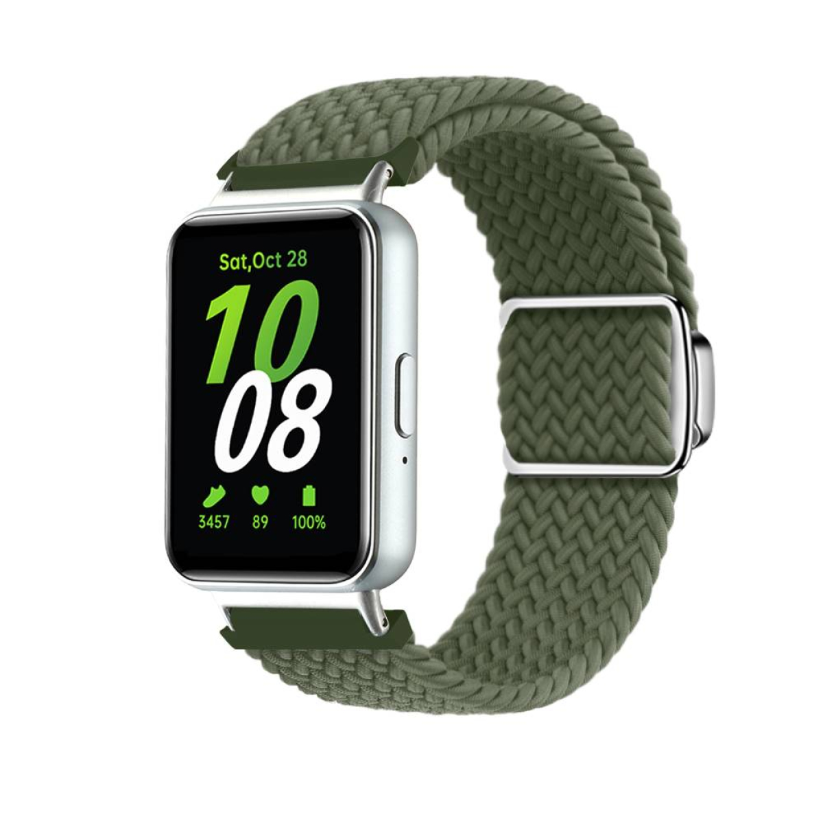 Smartwatch mit grünem geflochtenem Armband, Anzeige von Zeit und Daten. Weißer Hintergrund.