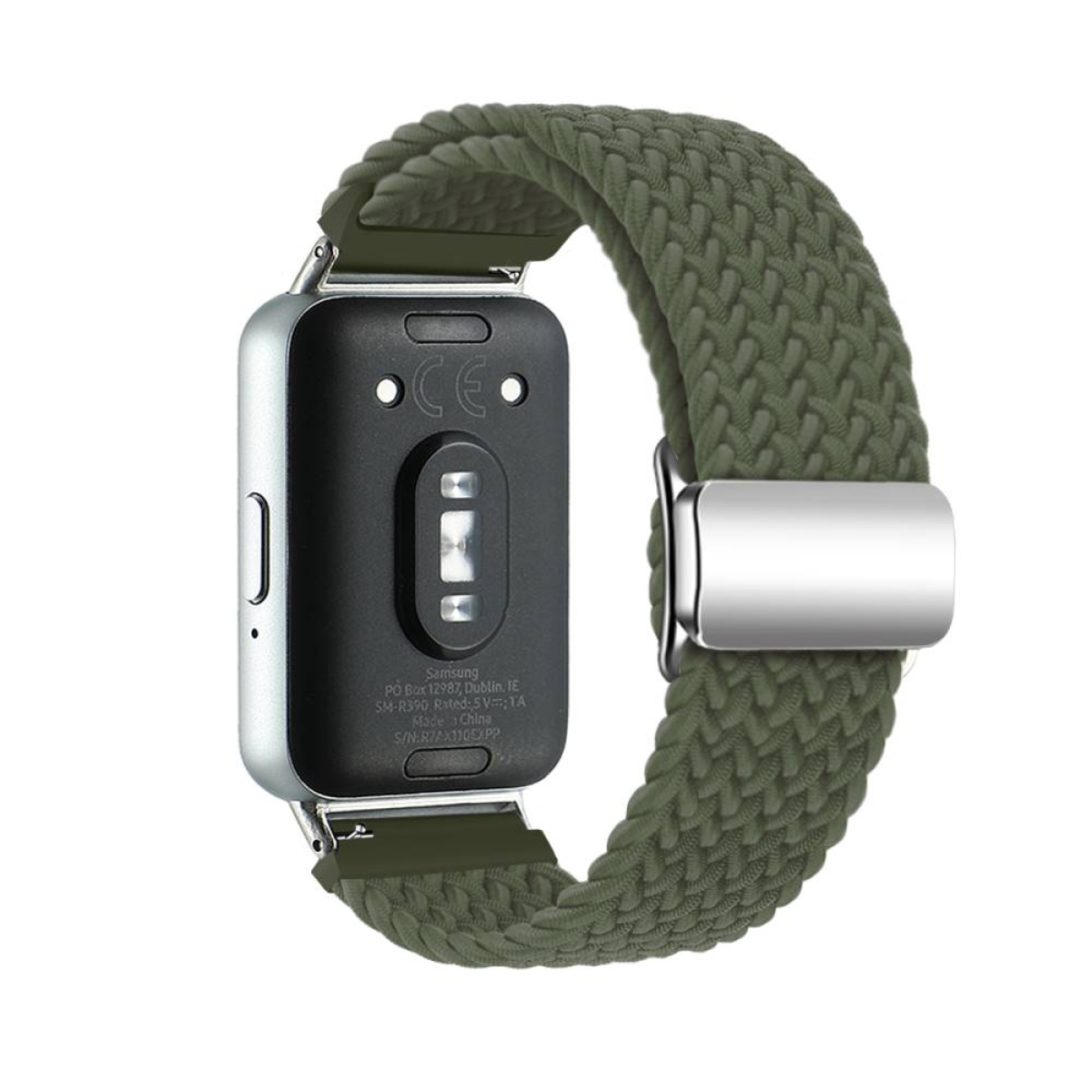 Eine Smartwatch mit grünem geflochtenem Armband, die die Rückseite der Uhr und das Armband zeigt.