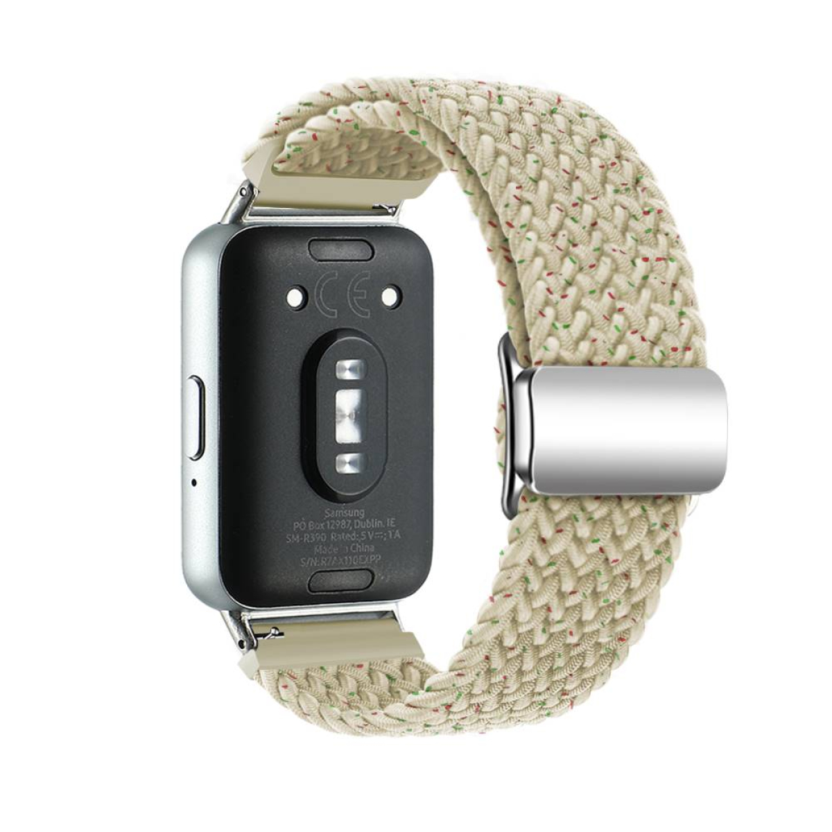 Eine Smartwatch mit beigem geflochtenem Armband, zeigt die Rückseite und Banddetails.