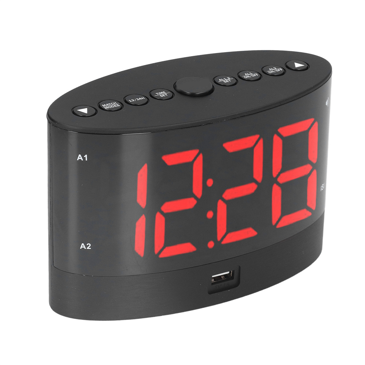 Schwarzer digitaler Wecker mit roter Anzeige 12:28. Weißer Hintergrund.
