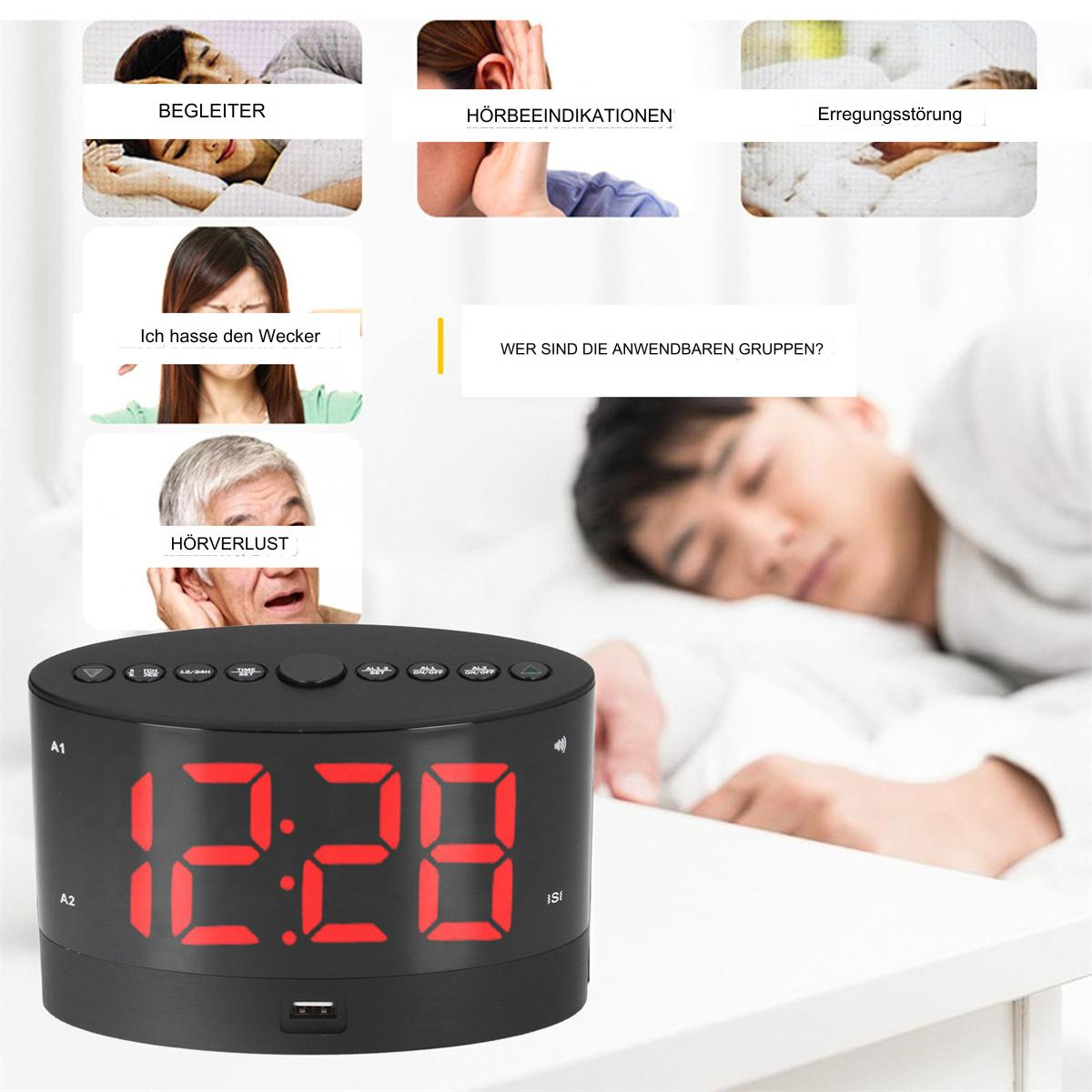 Digitaler Wecker mit 12:28. Bilder zeigen schlafbezogene Themen und Texte auf Deutsch.