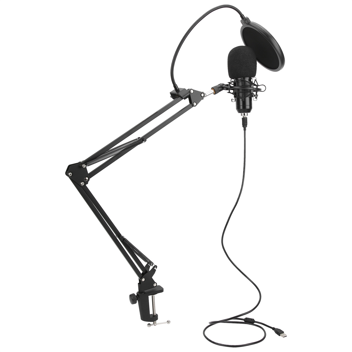 Ein schwarzes Mikrofon mit Pop-Filter und Ständer. Der Ständer ist verstellbar und hat eine Klammer.