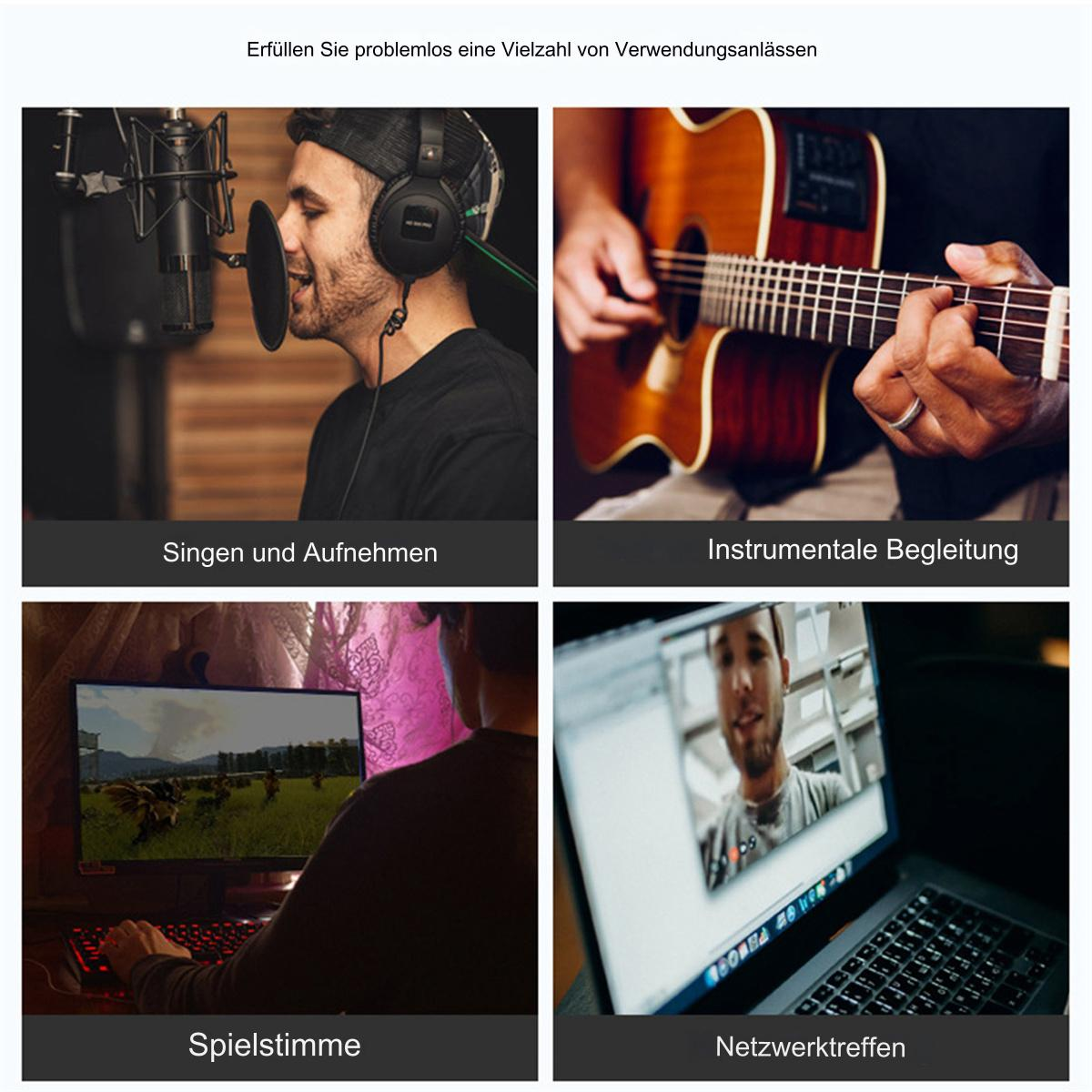 Vier Bilder zeigen verschiedene Anwendungen: Singen, Gitarre spielen, Spielen und Videokonferenzen.