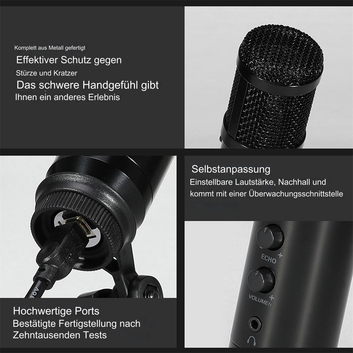 Nahaufnahmen eines schwarzen Mikrofons. Enthält einen Anschluss, eine Mesh-Abdeckung und Einstellknöpfe.