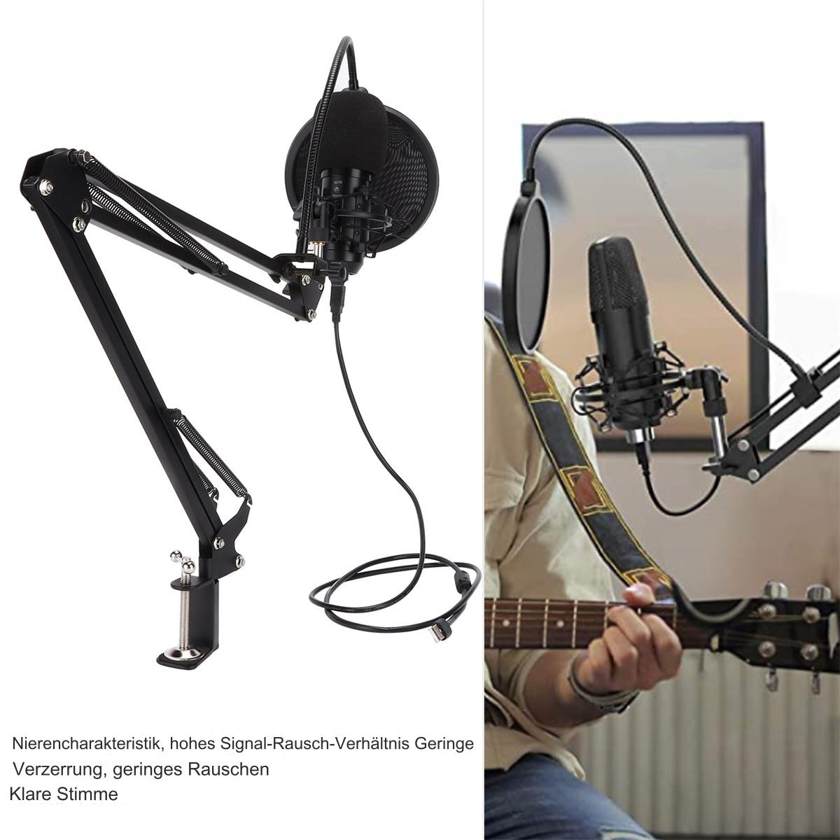 Zwei Bilder: ein Mikrofon-Setup und ein Musiker, der Gitarre mit ähnlichem Mikrofon spielt.