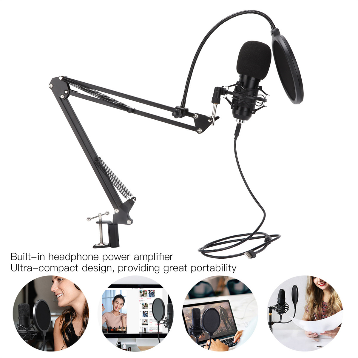 Schwarzes Mikrofon-Setup mit Ständer, Pop-Filter und Kabel; vier Lifestyle-Bilder.