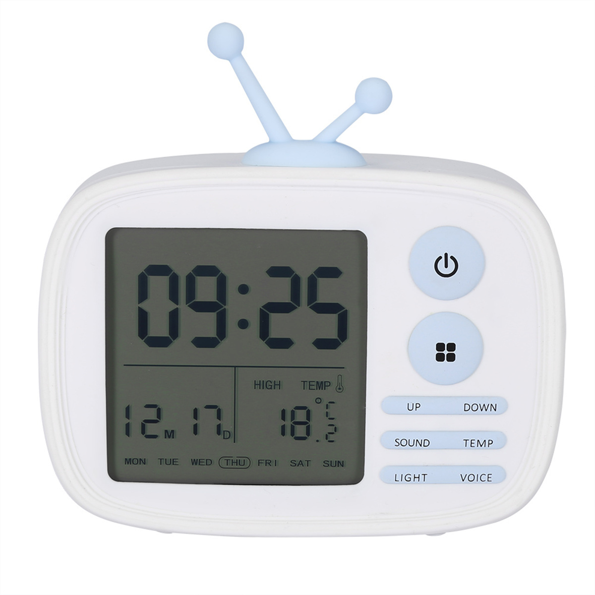 Ein weißer digitaler Wecker im Retro-Stil mit einer blauen Antenne oben, der Zeit und Datum anzeigt.
