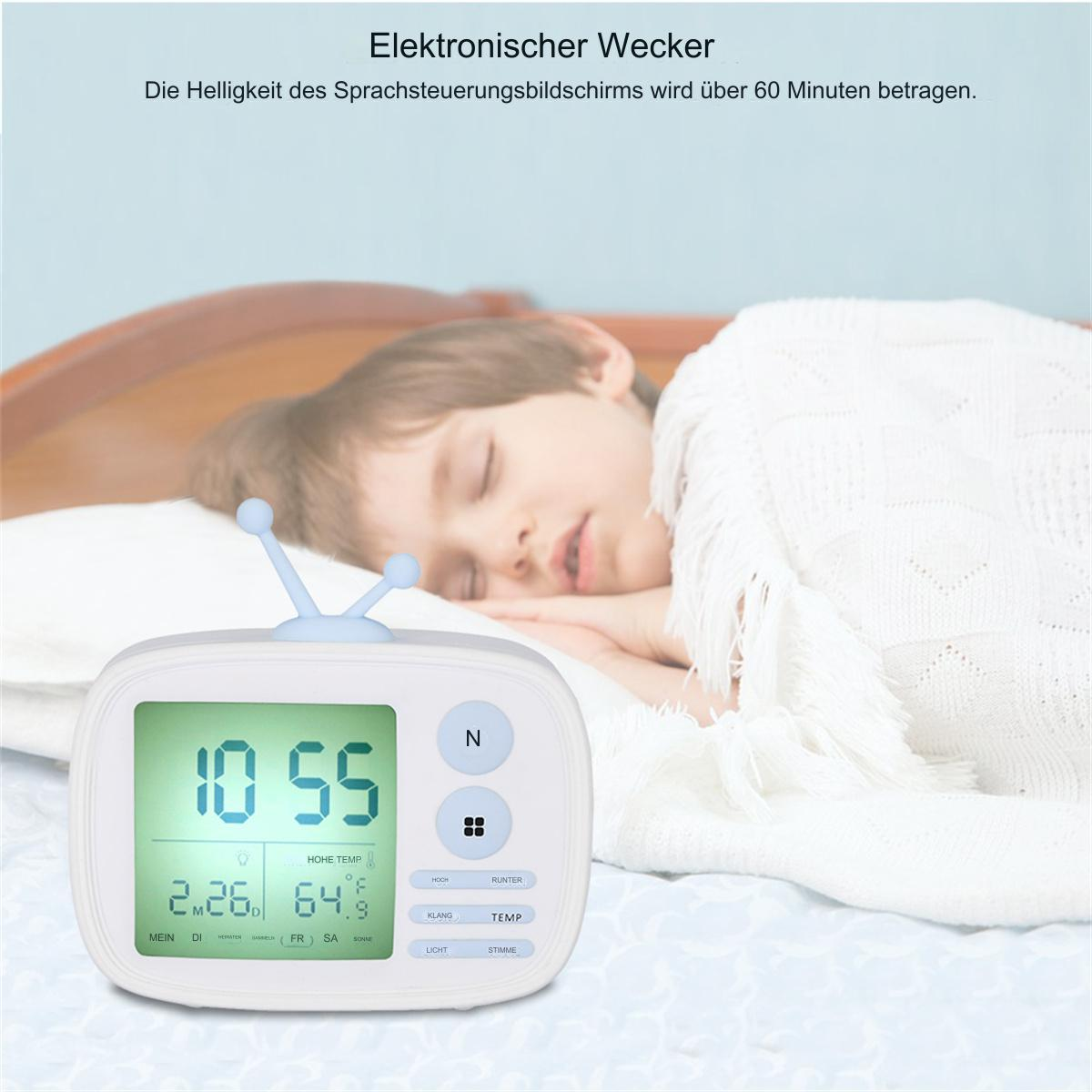 Ein digitaler weißer Wecker und ein verschwommenes schlafendes Kind im Hintergrund.