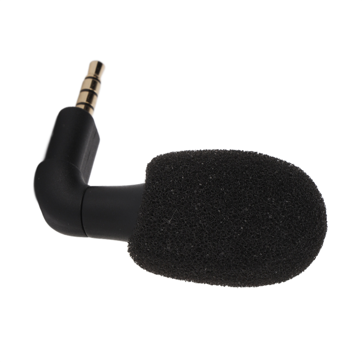 Schwarzes Mikrofon mit Schaumabdeckung und 3,5-mm-Klinke. Der Stecker ist abgewinkelt.
