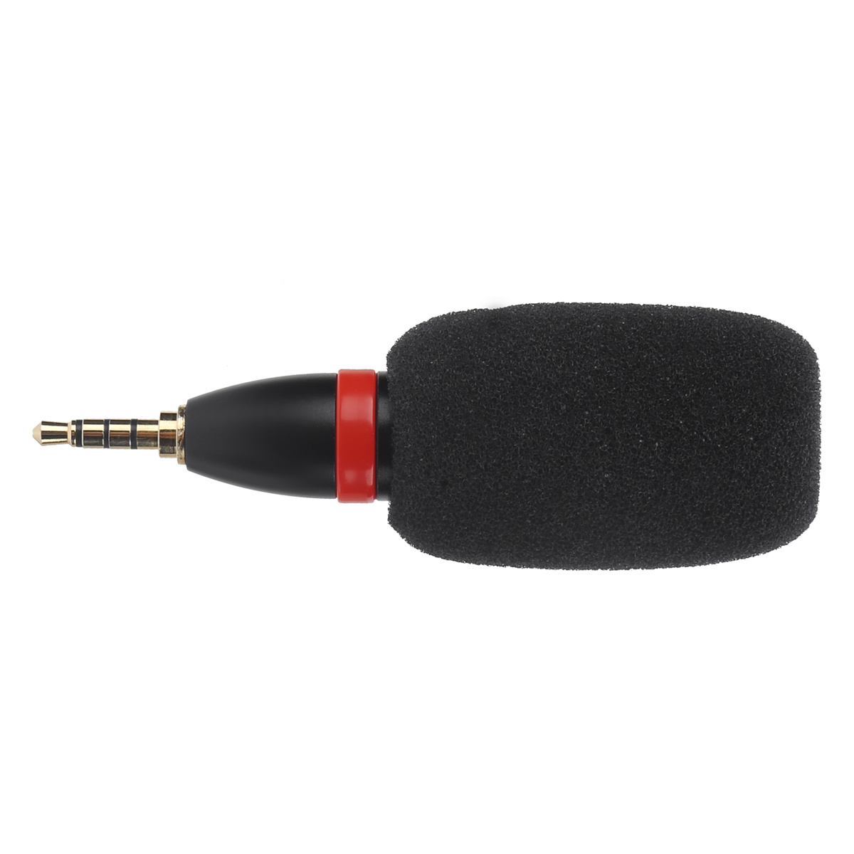 Kleines schwarzes Mikrofon mit Schaumstoffabdeckung und rotem Zierring. Weißer Hintergrund.