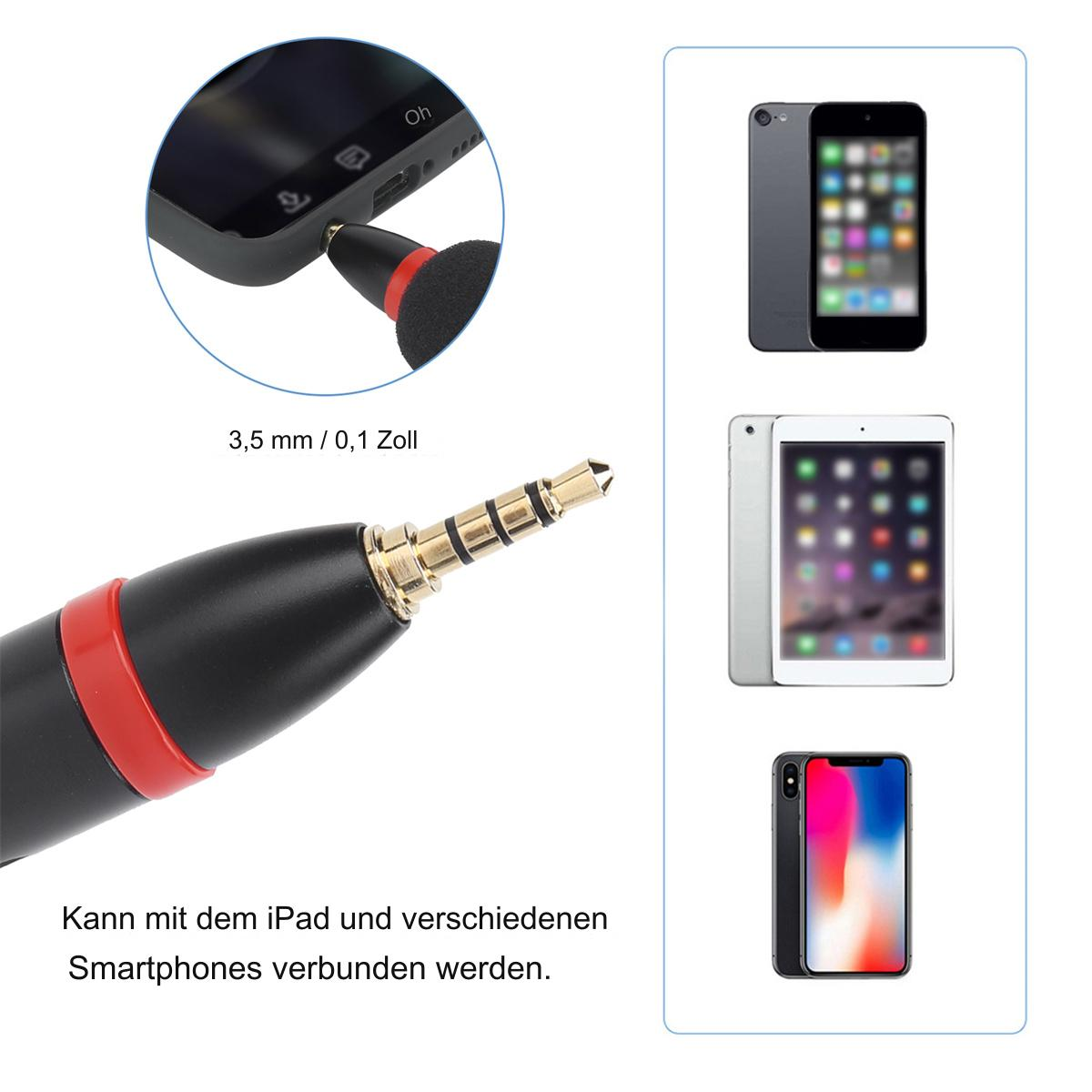 Eingabestift mit 3,5-mm-Klinke und Mobilgeräten im Hintergrund. Rotes Detail und goldene Spitze.