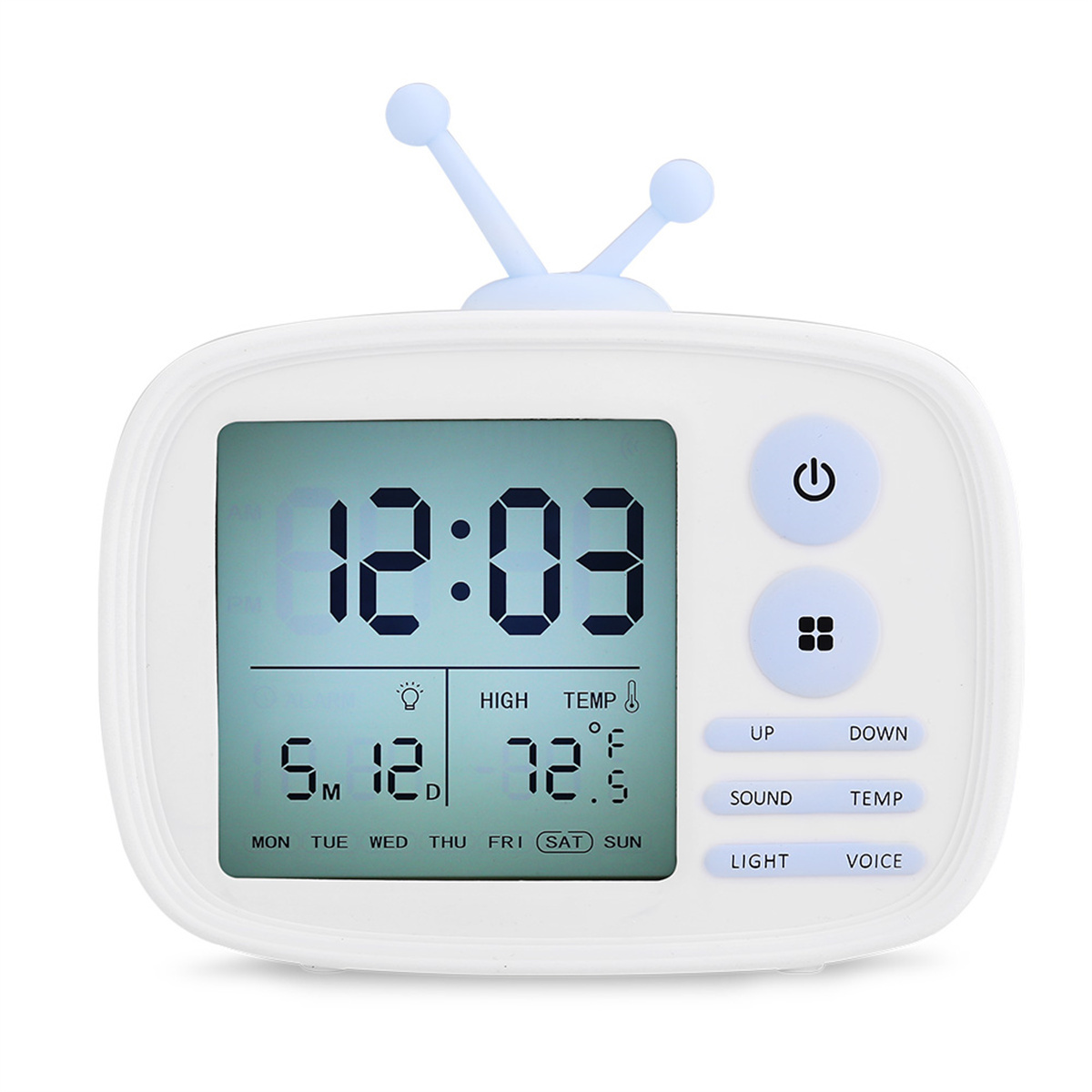 Eine weiße Digitaluhr im Retro-Stil mit blauem Antennenaufsatz. Zeigt Zeit und Datum an.
