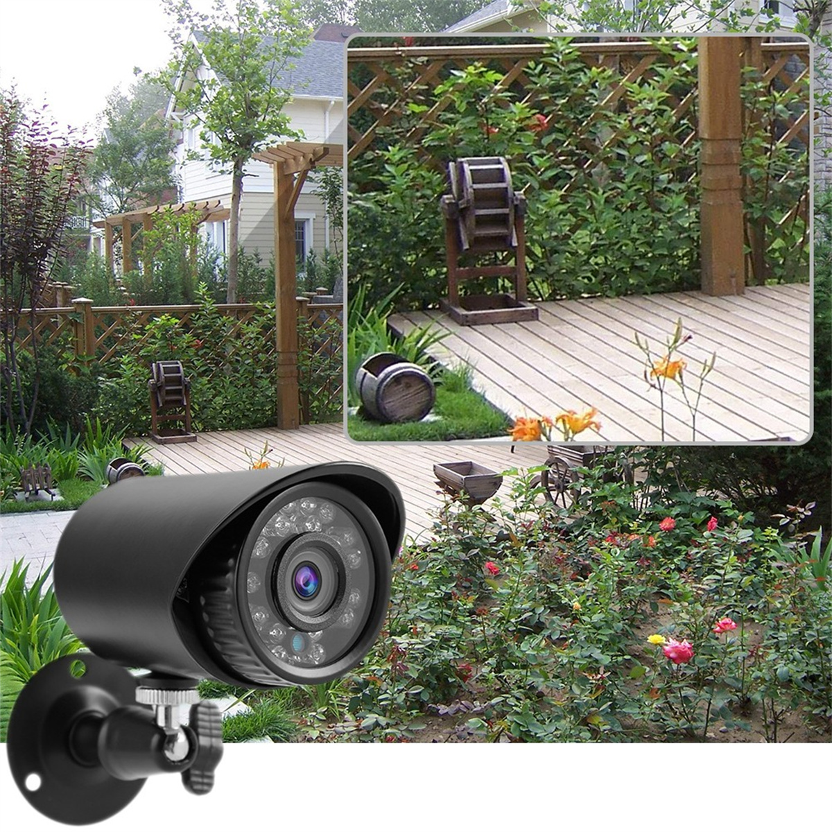 Outdoor-Überwachungskamera mit Gartenhintergrund. Es gibt einen Holzzaun und Pflanzen.