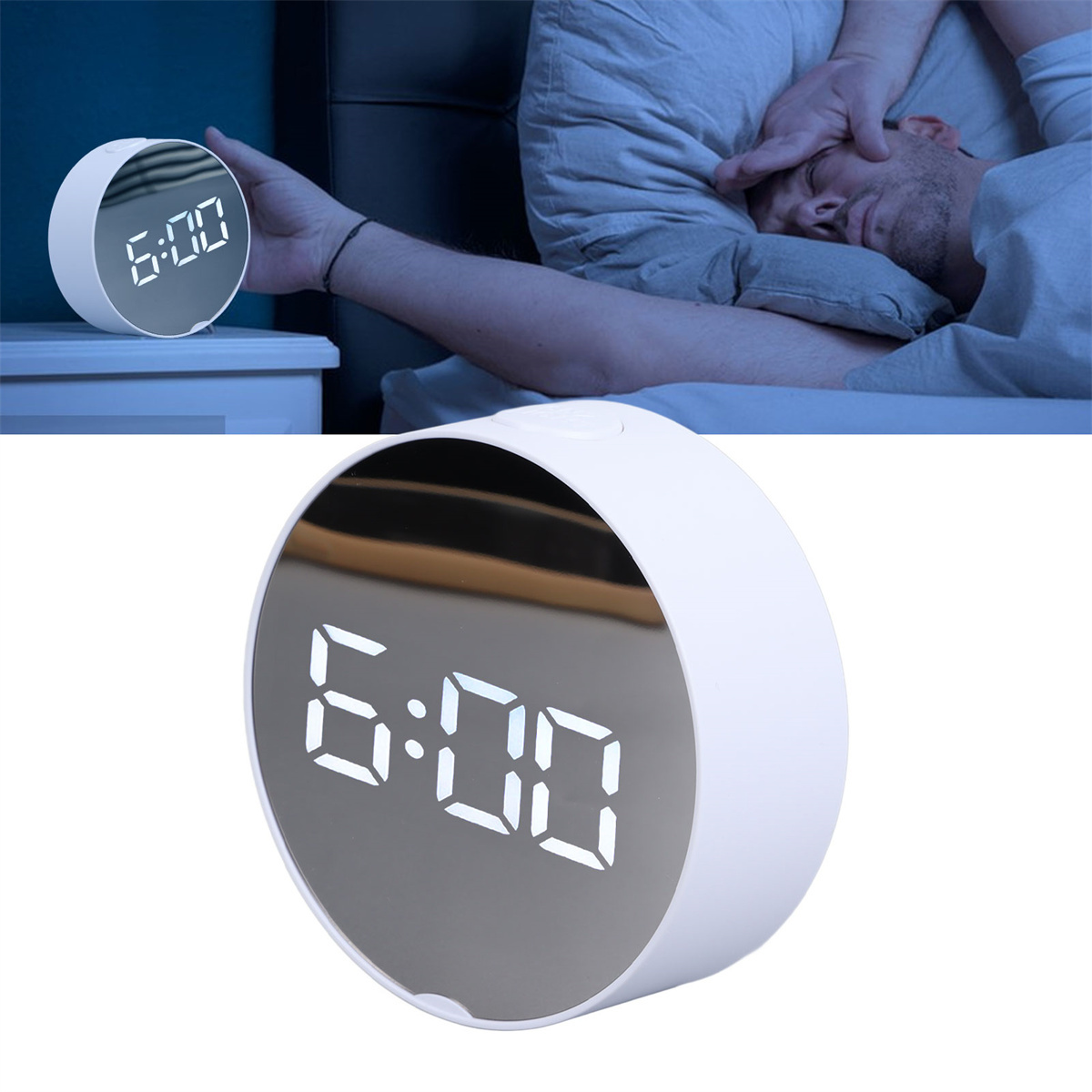 Ein weißer, runder Wecker zeigt 6:00 Uhr an. Ein Mann im Bett bedeckt seine Stirn.