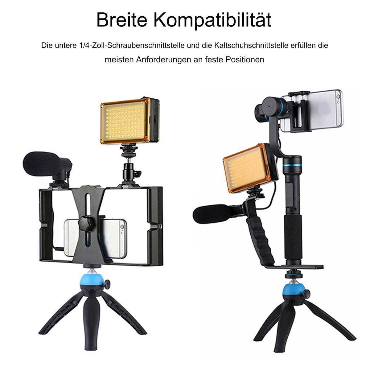 Zwei Rigs mit Smartphones, Lichtern und Mikrofonen. Eines steht auf einem Stativ.