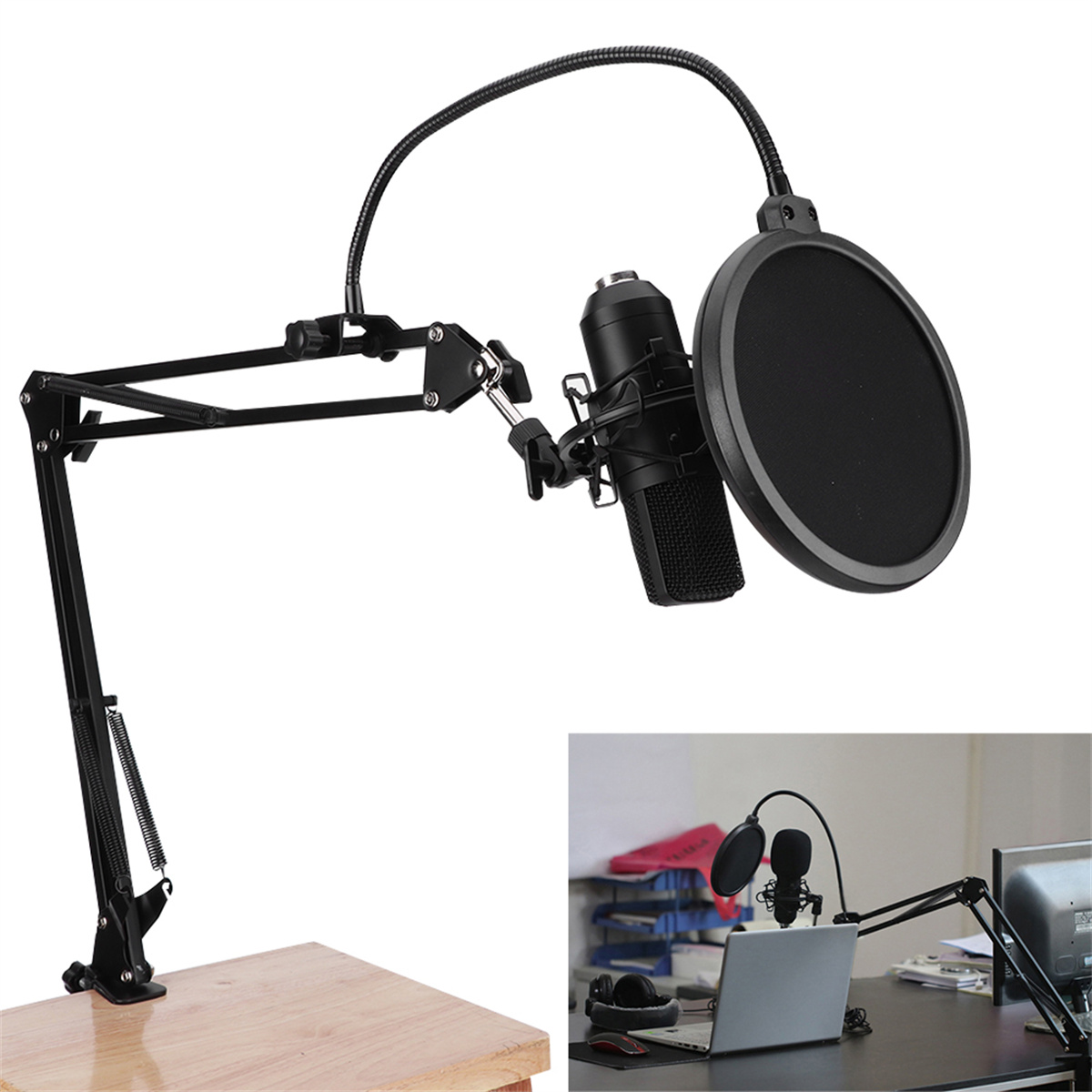 Ein schwarzes Mikrofon auf einem Ständer mit Pop-Filter. Der Ständer ist verstellbar.