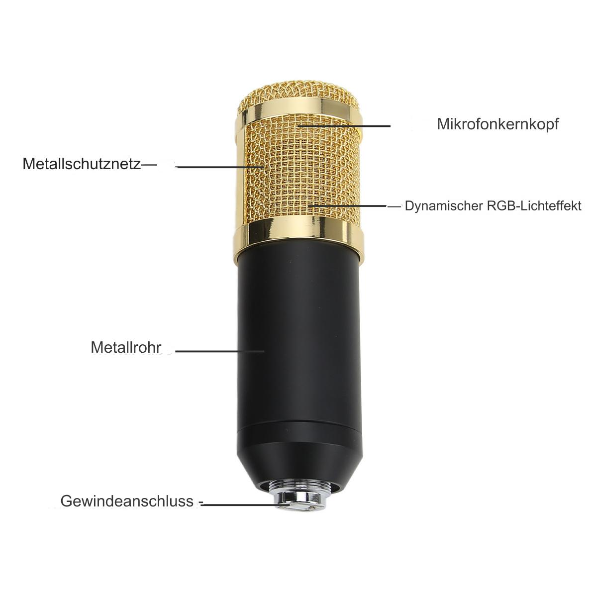 Goldenes Mikrofon mit Beschriftungen, darunter 'Metallschutznetz', 'Metallrohr' und 'Gewindeanschluss'.