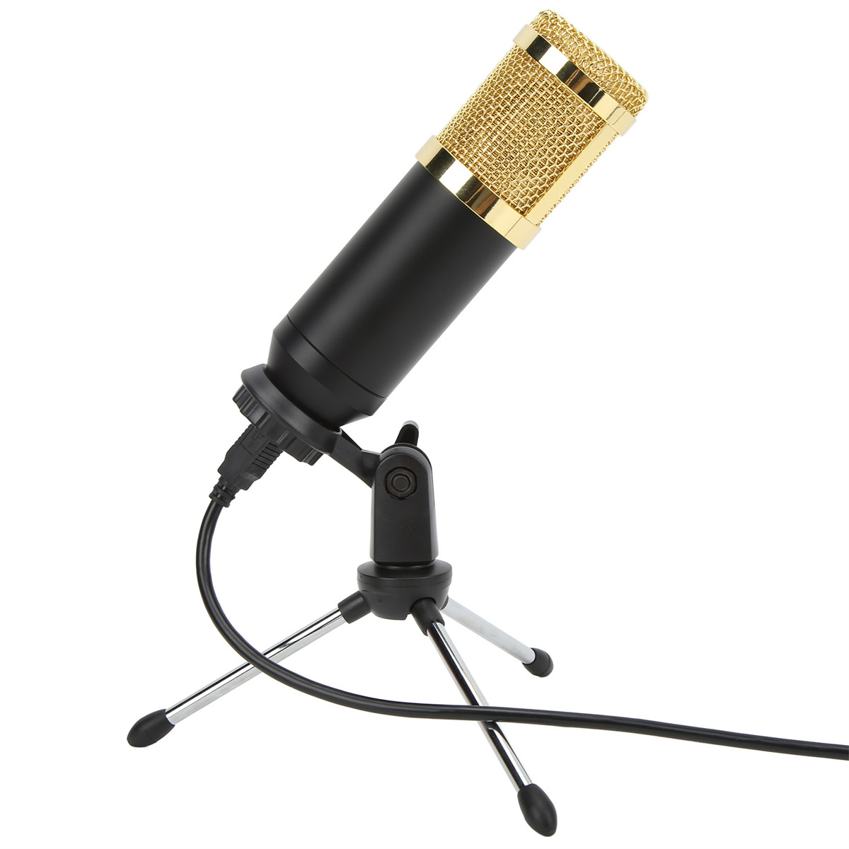 Schwarzes und goldenes Mikrofon auf einem Ständer. Kabel ist angeschlossen.