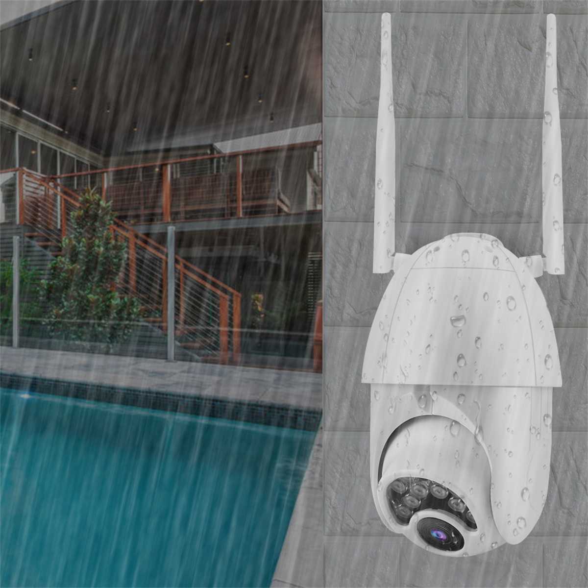 Weiße Überwachungskamera im Regen neben einem Pool, im Hintergrund ein Haus.