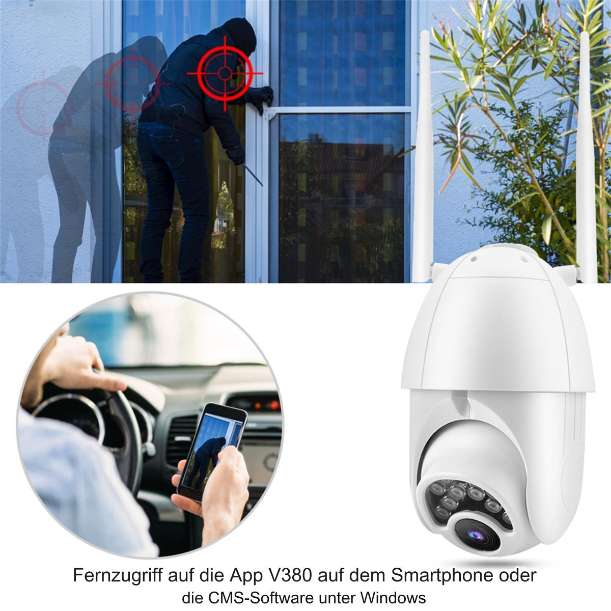Einbrecher bricht in ein Haus ein. Eine Überwachungskamera und eine Person, die ein Telefon benutzt.