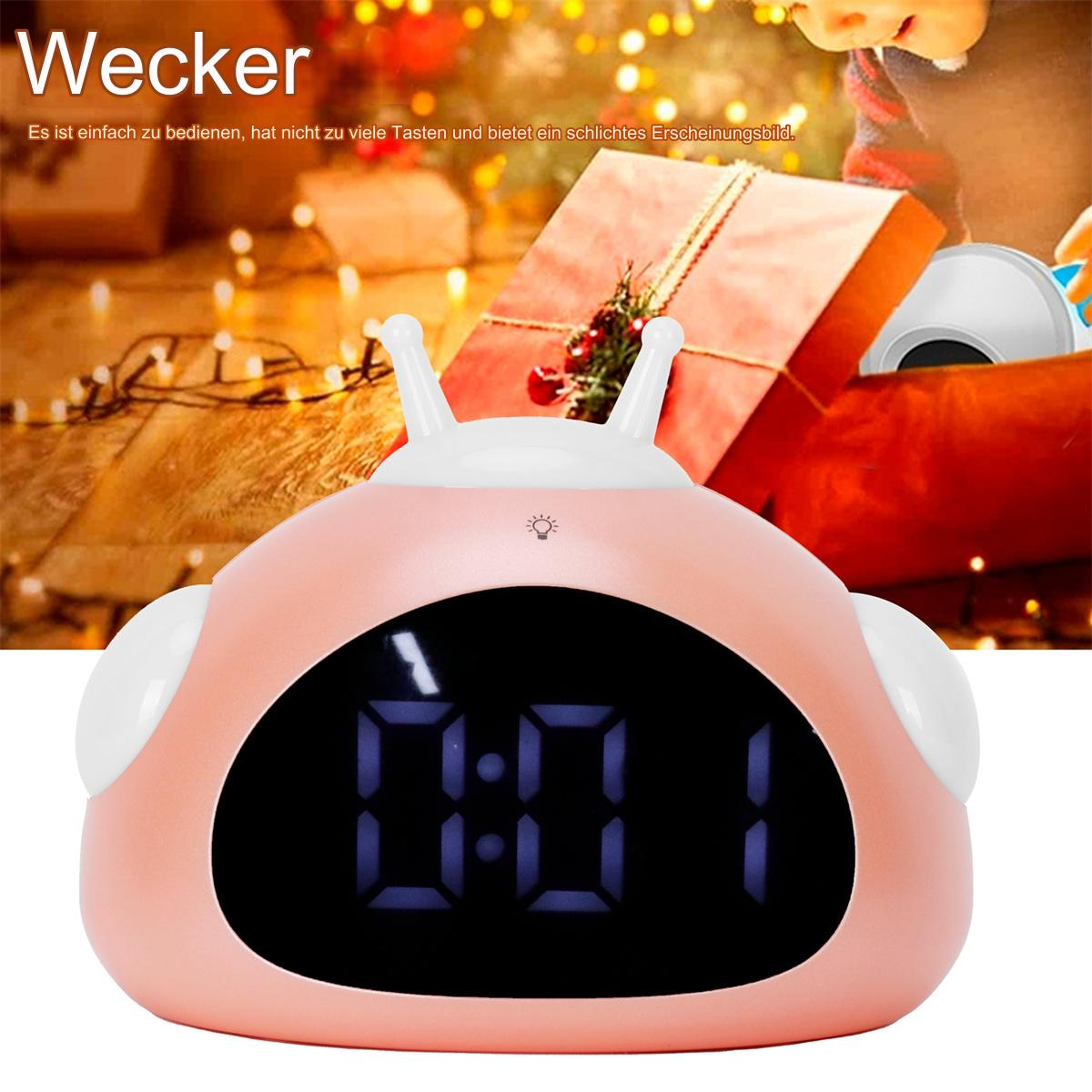 Ein rosa Wecker mit digitaler Anzeige. Die Uhr hat ein einzigartiges Design mit Antennen.