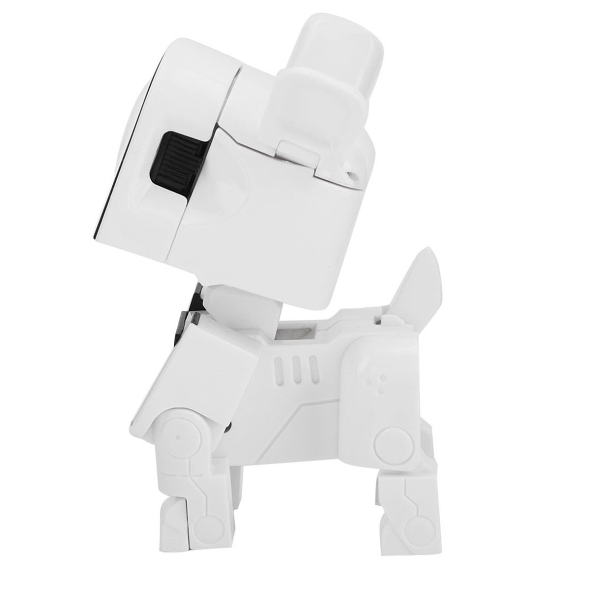 Weißes Roboterhund-Spielzeug, Seitenansicht. Es hat einen Kopf, einen Körper und Beine. Weißer Hintergrund.