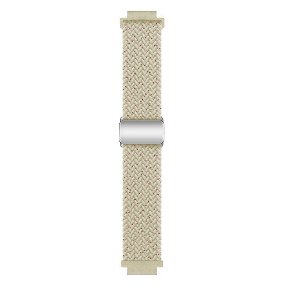 Cremefarbenes geflochtenes Uhrenarmband mit roten Akzenten und einem silbernen Metallverschluss.