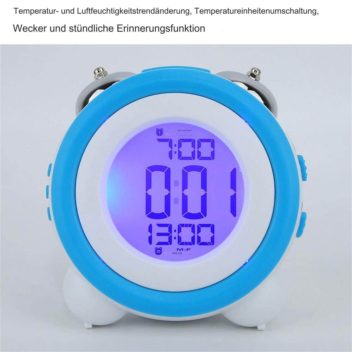 Ein blau-weißer digitaler Wecker, der die Uhrzeit anzeigt. Der Hintergrund ist weiß.