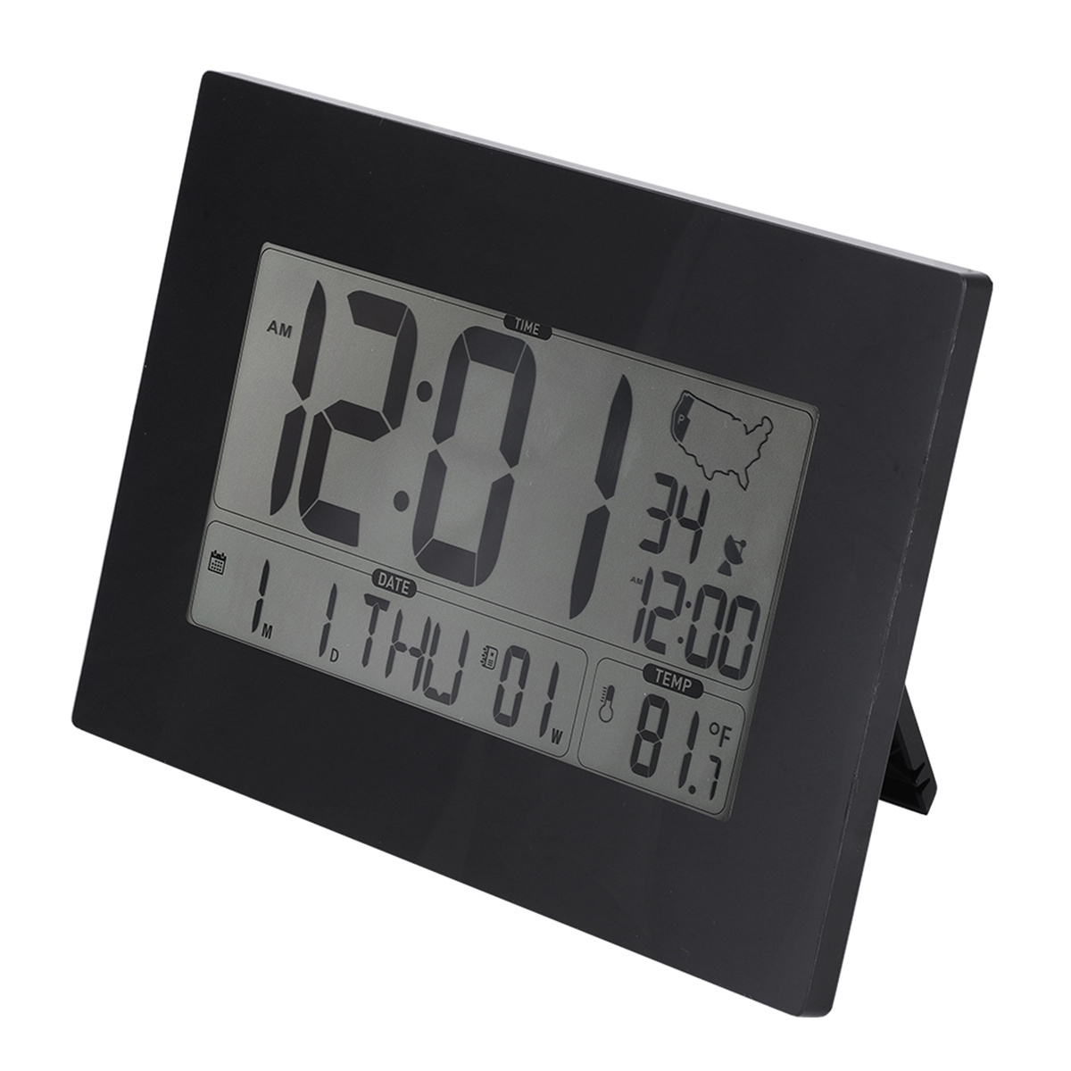 Schwarze Digitaluhr mit Zeit, Datum, Temperatur und Wettersymbolen.