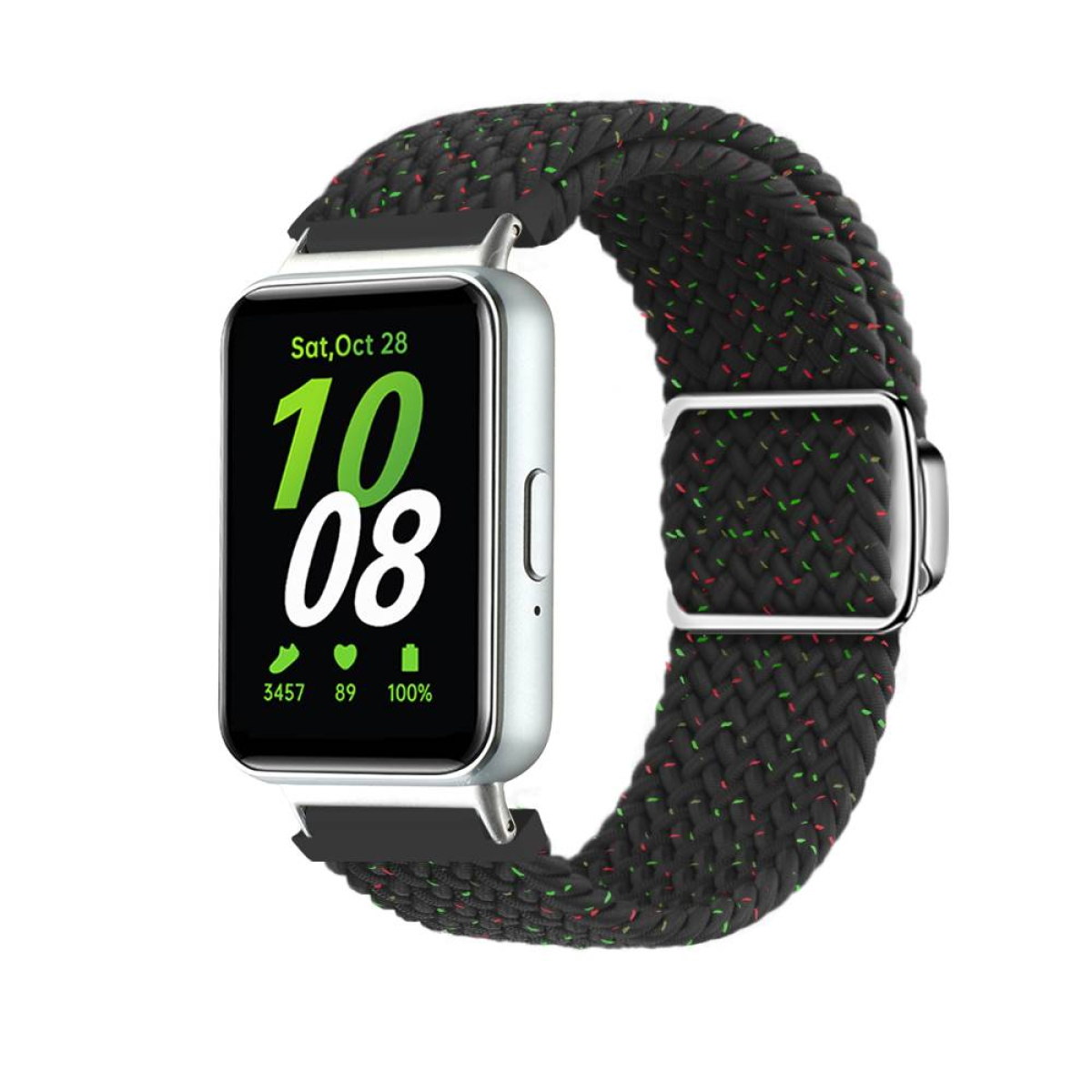 Smartwatch mit gewebtem schwarzen und farbigen Armband, zeigt Zeit und Aktivitätsdaten an.