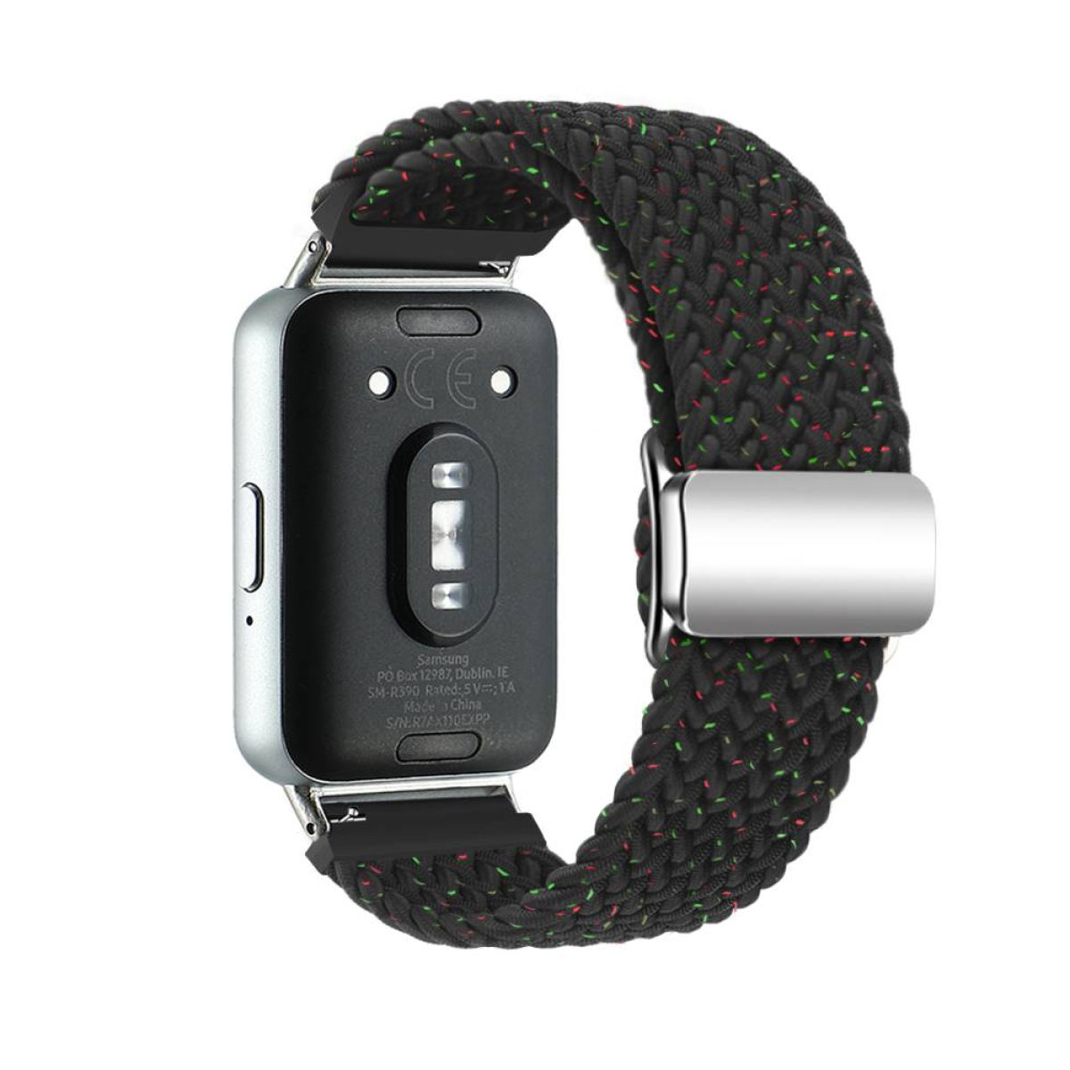 Nahaufnahme eines schwarz-grünen geflochtenen Uhrenarmbands mit silbernem Verschluss.