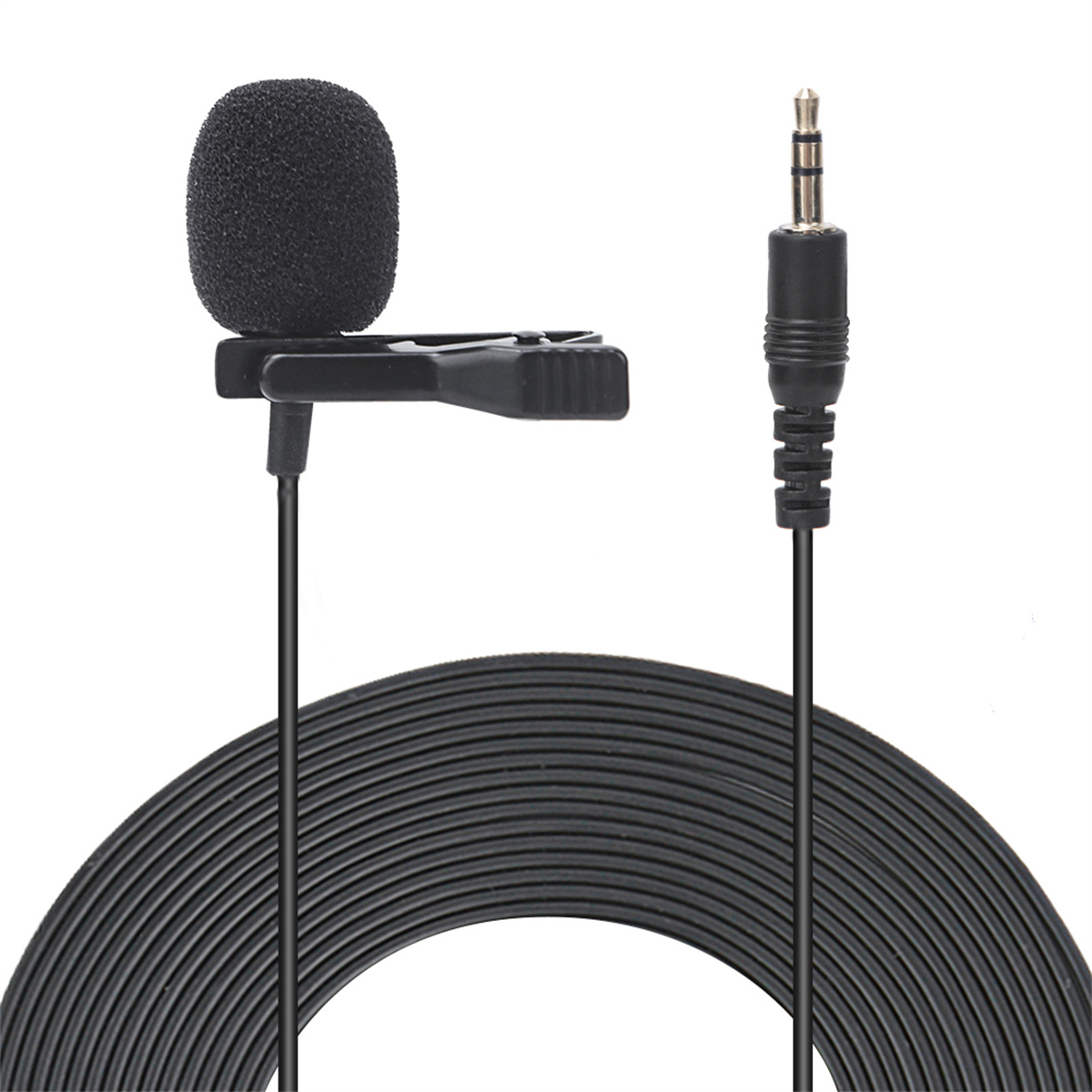 Schwarzes Lavalier-Mikrofon mit Clip und 3,5-mm-Klinke.