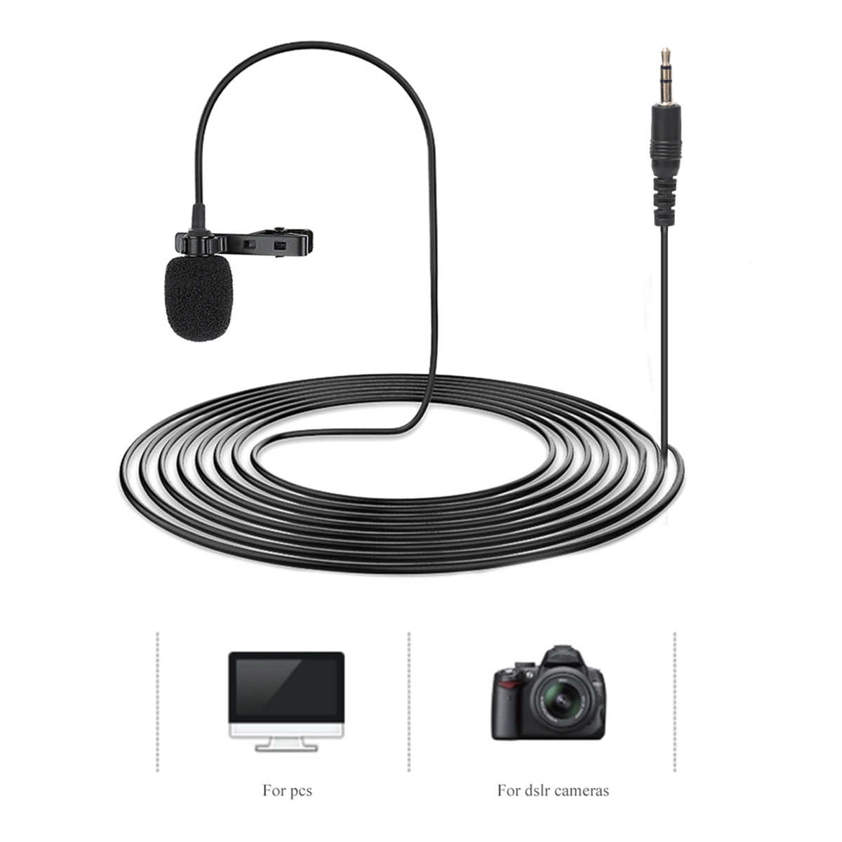 Ein kleines Mikrofon mit Clip und Kabel und ein Kabel mit Klinke in der Nähe von Computer- und Kamera-Symbolen.