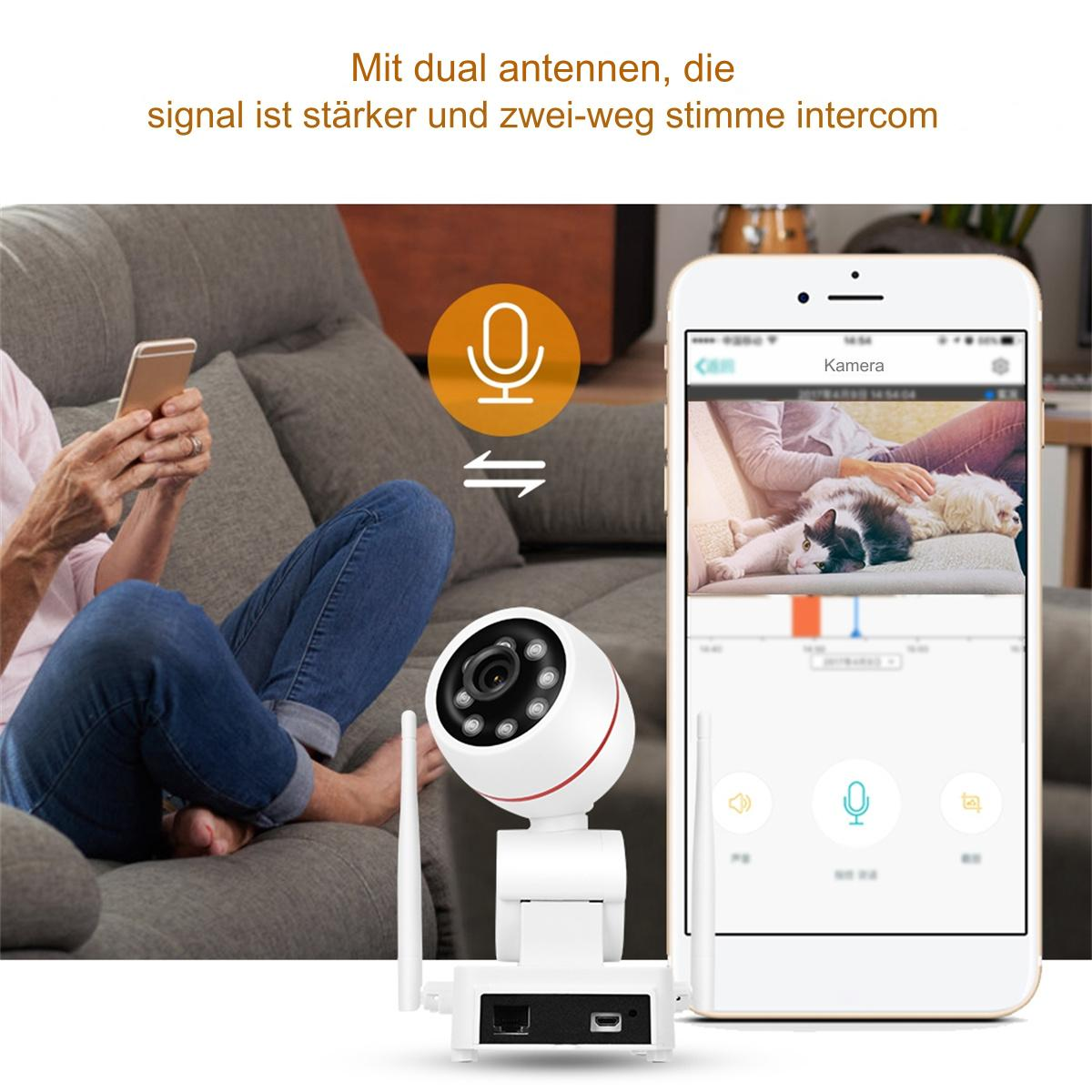 Eine Heimsicherheitskamera mit einem Telefon, das eine Live-Übertragung eines Wohnzimmers mit Personen und Haustieren zeigt.