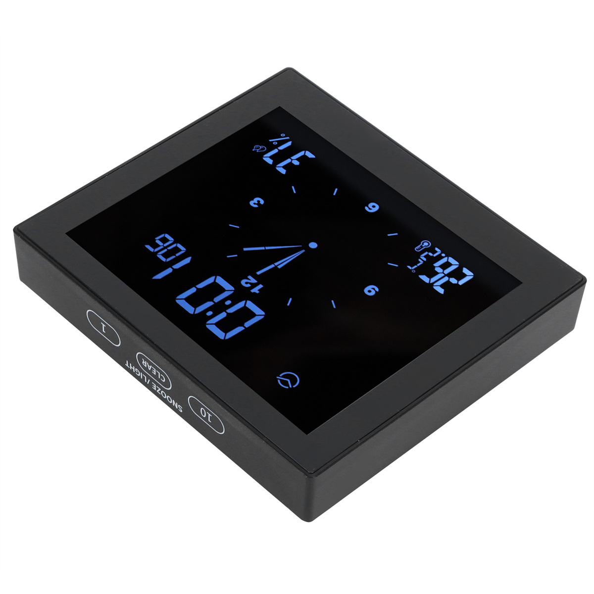 Schwarze Digitaluhr mit Zeit, Temperatur und Luftfeuchtigkeit.