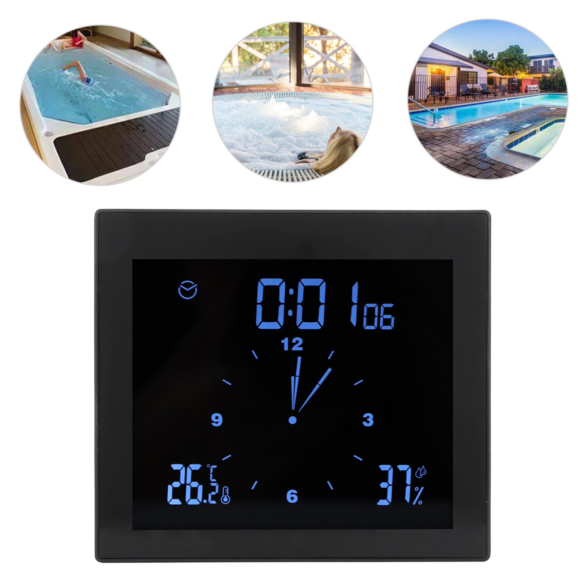 Digitaluhr mit Zeit, Temperatur und Luftfeuchtigkeit, mit Spa-Fotos.
