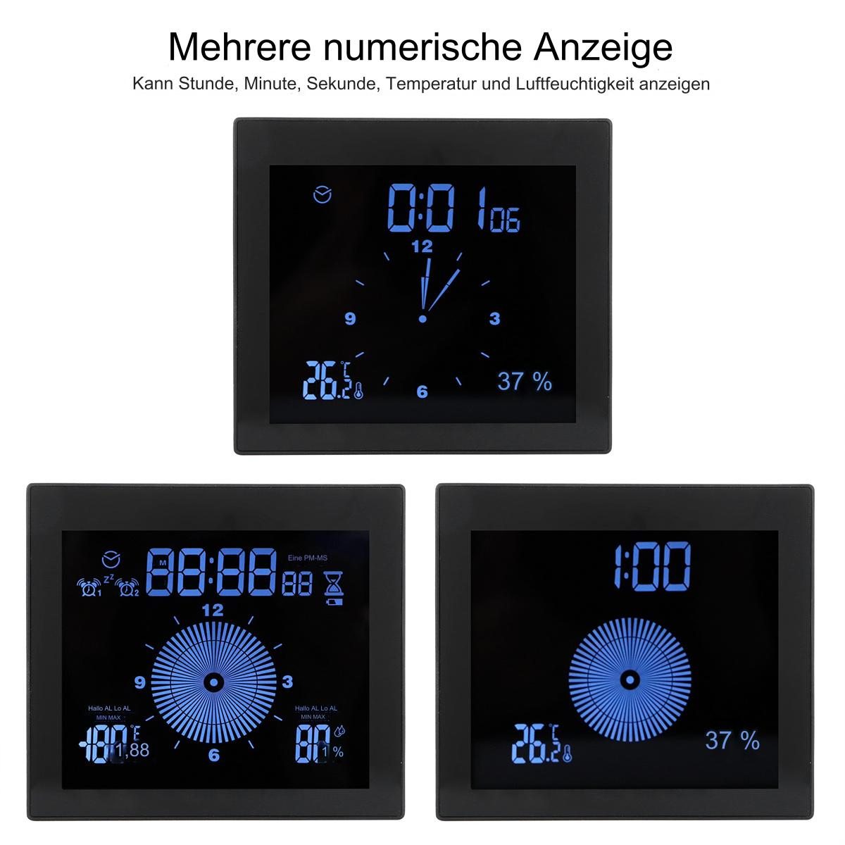 Drei digitale Uhrenanzeigen. Zeit, Datum und Temperatur werden angezeigt.