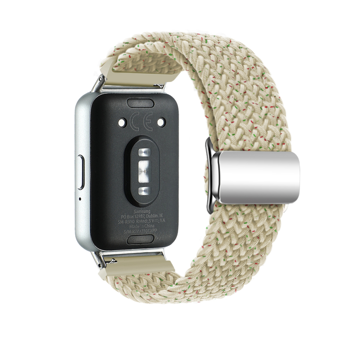 Die Rückseite einer Smartwatch mit cremefarbenem geflochtenem Armband, das Produktinformationen anzeigt.