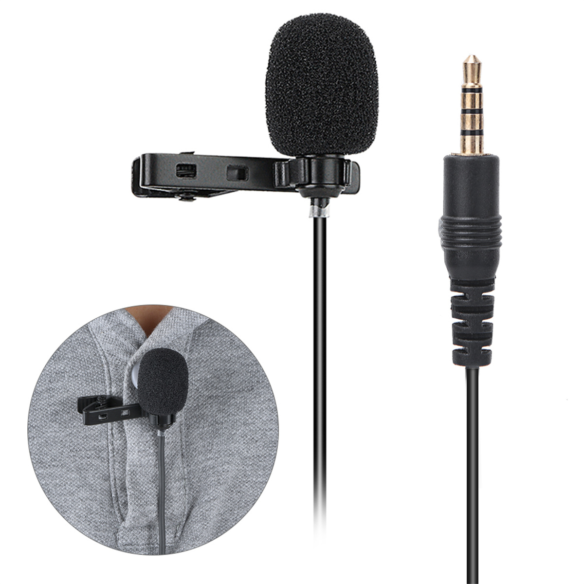 Mini-Mikrofon an einem Hemd einer Person befestigt. Ein weiteres Mikrofon und Audioanschluss sind abgebildet.