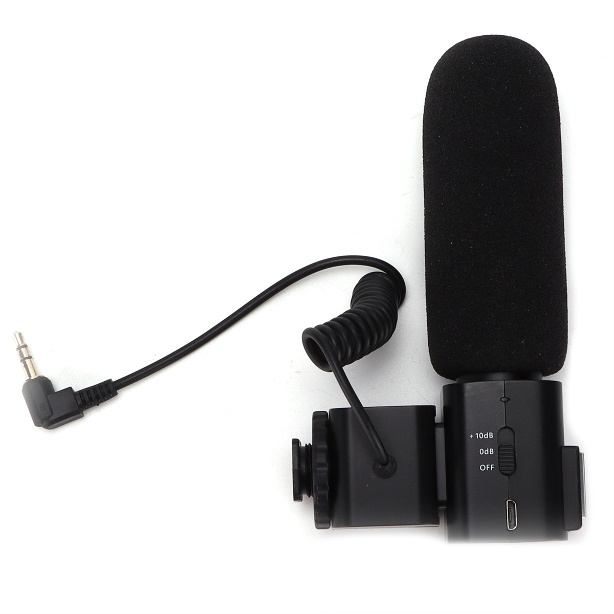 Ein schwarzes Mikrofon mit Schaumstoff-Windschutz, befestigt an einer Kamerahalterung und einem Kabel.