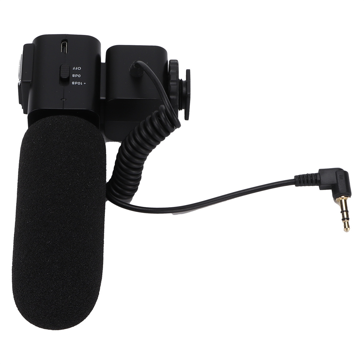 Ein schwarzes Mikrofon mit Schaumstoffabdeckung, Kabel und Klinkenstecker. Verschiedene Einstellungen.