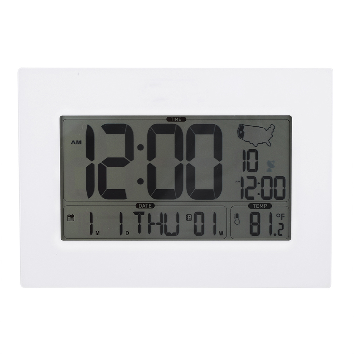Weiße Digitaluhr mit Anzeige von Zeit, Datum, Temperatur und Wetterinformationen.