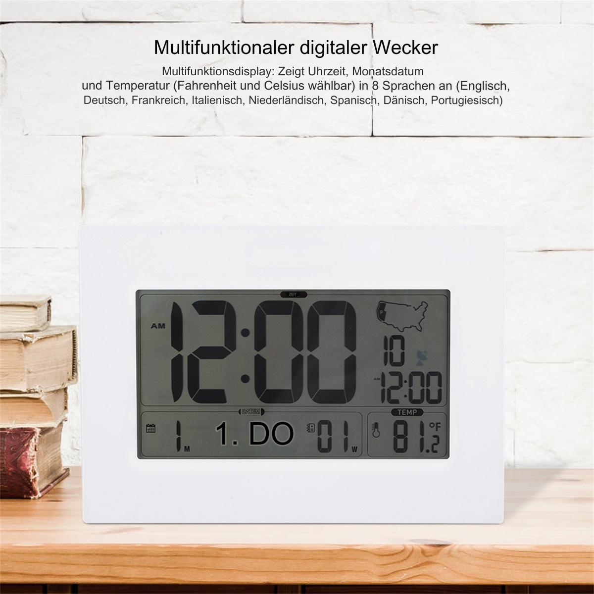 Digitaluhr mit großen Zahlen. Zeigt Zeit, Datum und Temperatur. Weißer Rahmen, Holz-Hintergrund.