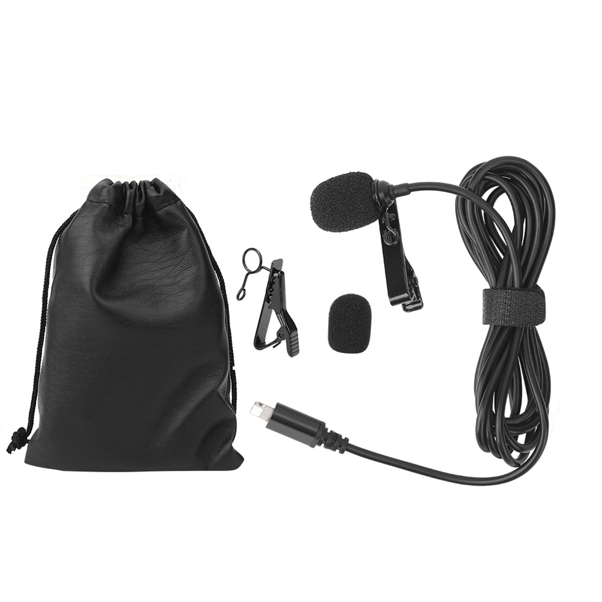 Ein schwarzes Mikrofon-Kit mit Beutel, Clip und Schaumstoffabdeckungen.